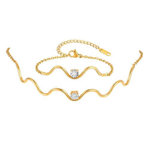 Cubic Zirconia rozsdamentes acél ékszer készletek, 304 rozsdamentes acél, galvanizált, különböző stílusokat a választás & mikro egyengetni cirkónia & a nő, aranysárga, Által értékesített PC