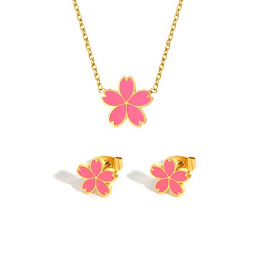 Set di gioielli in acciaio inossidabile smaltato, 304 acciaio inox, Ciliegio orientali, placcato, 2 pezzi & per i bambini & adesivo epoxi, dorato, Venduto da set