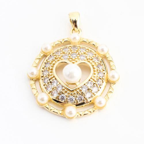 Cubique Pendentif en laiton zircon pavent, avec perle de plastique, Rond, DIY & pavé de micro zircon & creux, doré, 30x24x8mm, Vendu par PC