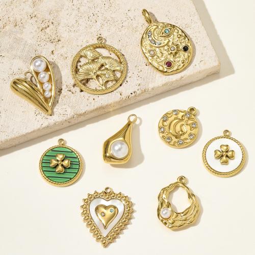 Stainless Steel Pendants 304 Stainless Steel with ABS Plastic Pearl & Shell gold color plated DIY & enamel & with rhinestone Sold By Bag