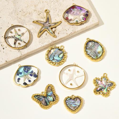 Stainless Steel Pendants 304 Stainless Steel with Shell gold color plated DIY & enamel & with rhinestone Sold By Bag