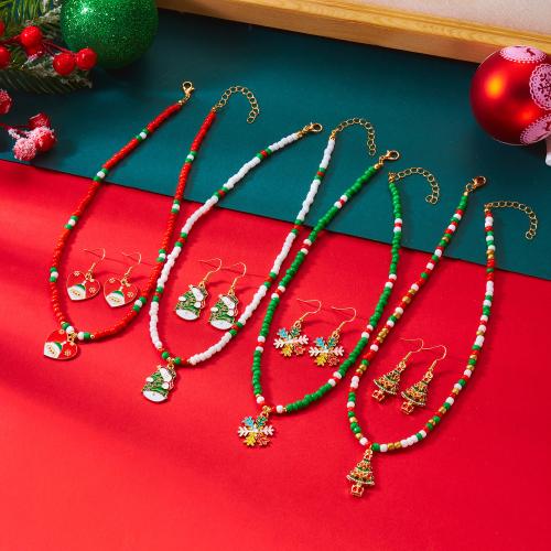 Zinc Alloy Jewelry Set with Seedbead gold color plated Christmas Design & enamel & with rhinestone Sold By Set