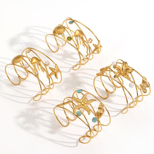 Acier inoxydable 304 bracelet manchette, avec Oeil de chat & perle de plastique, Placage, bijoux de mode, plus de couleurs à choisir, Vendu par PC