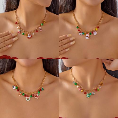 Zinc Alloy Jewelry Sets bracelet & necklace with Plastic Pearl gold color plated Christmas Design & enamel & with rhinestone Sold By PC