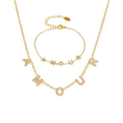 Cubic Zirconia rozsdamentes acél ékszer készletek, 304 rozsdamentes acél, galvanizált, különböző stílusokat a választás & mikro egyengetni cirkónia & a nő, aranysárga, Által értékesített PC