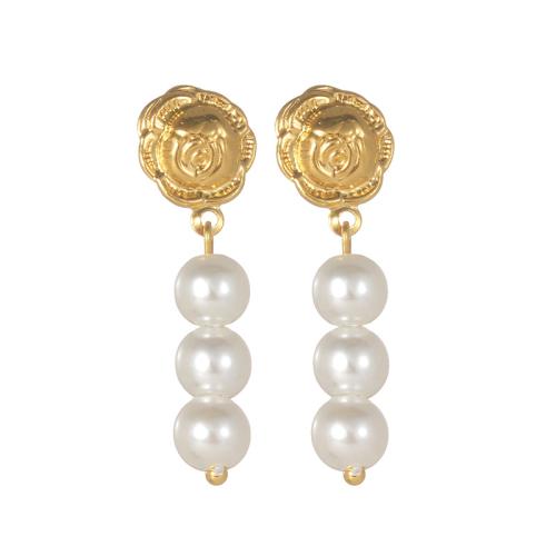 Boucle d'oreille goutte inox, Acier inoxydable 304, avec perle de plastique, Placage, bijoux de mode & pour femme, doré, Vendu par paire