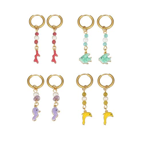 Boucle d'oreille goutte inox, Acier inoxydable 304, avec perle de plastique, Placage de couleur d'or, styles différents pour le choix & pour femme & émail, plus de couleurs à choisir, Vendu par paire