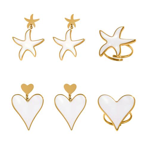 Emaille Edelstahl Schmuck Set, Fingerring & Ohrring, 304 Edelstahl, goldfarben plattiert, Modeschmuck, goldfarben, verkauft von PC