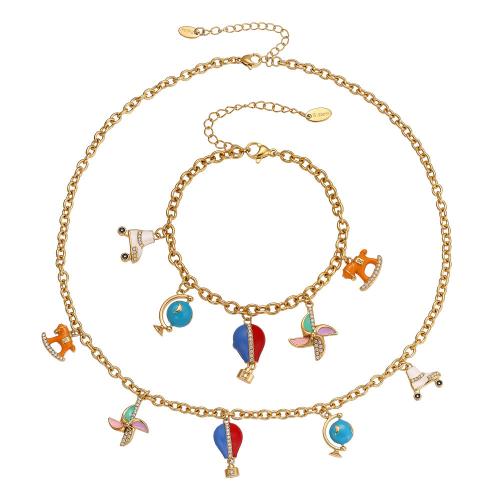 Enamel Stainless Steel Jewelry Set bracelet & necklace 304 Stainless Steel gold color plated fashion jewelry & micro pave cubic zirconia Sold By PC