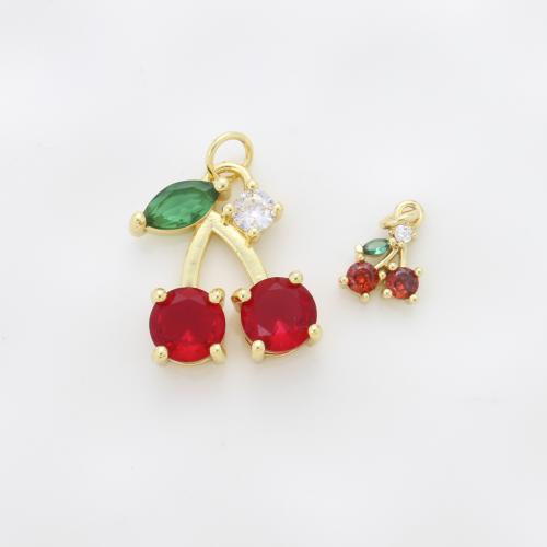 Cubic Zirconia (CZ) Brass Medálok, Sárgaréz, Cseresznye, galvanizált, DIY & mikro egyengetni cirkónia, több színt a választás, nikkel, ólom és kadmium mentes, 19.80x15.70x5.50mm, Által értékesített PC