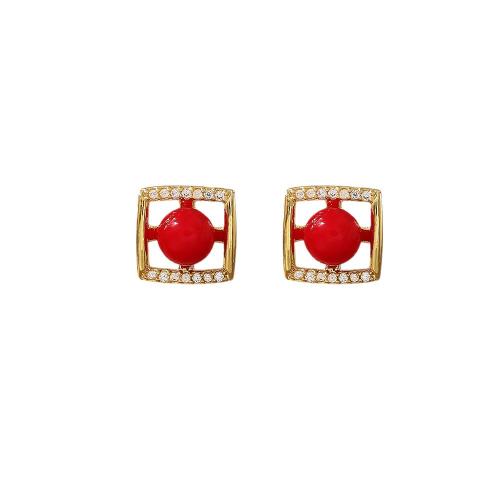 Cubic Zirconia Micro Pave Brass Earring Square real gold plated micro pave cubic zirconia & for woman & enamel & hollow nickel lead & cadmium free Sold By Pair