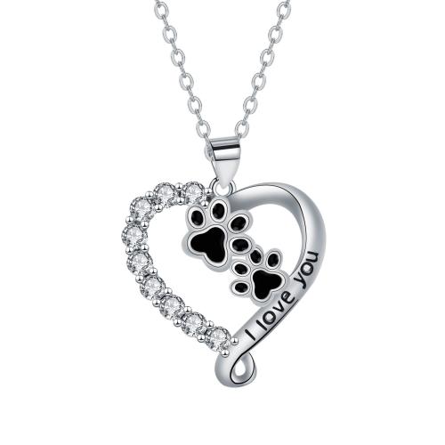 Cubic Zircon Micro Pave Brass Necklace with stainless steel chain with 5cm extender chain Heart platinum color plated oval chain & micro pave cubic zirconia & for woman & enamel black Sold Per Approx 45 cm Strand