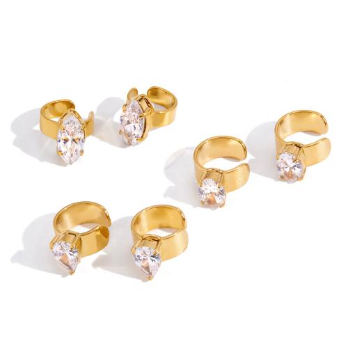 Stainless Steel Earring Clip with Cubic Zirconia gold color plated & for woman Sold By Pair