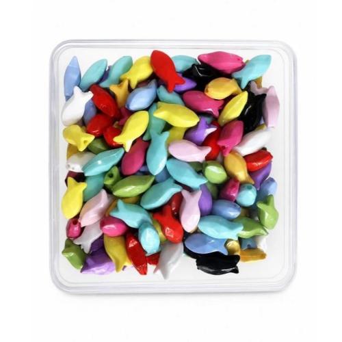 Grânulos acrílicos de cor sólida, acrilico, with Caixa plástica, Peixe, facetada, cores misturadas, 18x10x8.5mm, 94x94x41mm, Buraco:Aprox 1mm, 150G/box, vendido por box