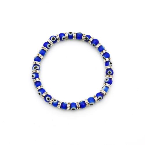 Vidrio Pulsera, con aleación de zinc, ojo de malvado, hecho a mano, unisexo & con diamantes de imitación, beads size 6mm, longitud aproximado 7 Inch, Vendido por UD