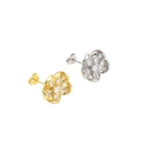 Brass Earring Post, cobre, Flor, banhado, DIY & micro pavimento em zircônia cúbica, Mais cores pare escolha, 16.40x14.60mm, vendido por par
