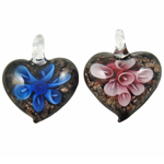 Inner Flower Lampwork Vedhæng, Heart, hamret, blandede farver, 36x32x12mm, Hole:Ca. 8mm, 12pc'er/Box, Solgt af Box