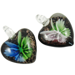 Inner Flower Lampwork Hangers, Hart, binnenbloem, gemengde kleuren, 32x31x16mm, Gat:Ca 8mm, 12pC's/box, Verkocht door box