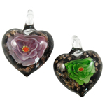 Belső Flower Lampwork Medálok, Szív, belső virág, kevert színek, 29x35x11mm, Lyuk:Kb 6mm, 12PC-k/Box, Által értékesített Box