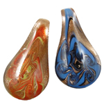 Gold Sand Lampwork Hangers, Blad, goud zand, gemengde kleuren, 33x86x10mm, Gat:Ca 8mm, 12pC's/box, Verkocht door box