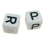 Perles Alphabet plastique ABS, cube, modèle mixte, blanc, 8x8mm, Trou:Environ 4mm, 1100PC/sac, Vendu par sac