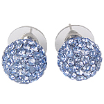 Boucle d'oreille strass, Clay Pave, avec earnut de caoutchouc, acier inoxydable puce boucle d'oreille, Rond, Placage de couleur platine, avec strass, bleu, 12mm, Environ 5pairescouple/lot, Vendu par lot