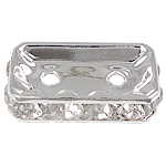 Rhinestone Afstandsstykker, Messing, Rektangel, sølvfarvet forgyldt, 2-huls & med rhinestone, nikkel, bly & cadmium fri, 15.50x8x3.50mm, Hole:Ca. 1.5mm, 100pc'er/Bag, Solgt af Bag