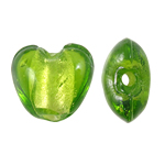 Grânulos Lampwork de folha de prata, vidrilho, Coração, verde, 12x13x8mm, Buraco:Aprox 1.5mm, 100PCs/Bag, vendido por Bag