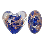 lampwork حبات الرمل الذهبية, امبورك, قلب, الرمال الذهبية, أزرق, 20x20x13mm, حفرة:تقريبا 2mm, 100أجهزة الكمبيوتر/حقيبة, تباع بواسطة حقيبة