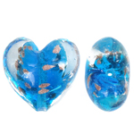 lampwork حبات الرمل الذهبية, امبورك, قلب, الرمال الذهبية, أزرق, 28x27x18mm, حفرة:تقريبا 2mm, 100أجهزة الكمبيوتر/حقيبة, تباع بواسطة حقيبة