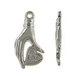 Verkupfertes Kunststoff Anhänger, Verkupferter Kunststoff, Hand, Platinfarbe platiniert, frei von Nickel, Blei & Kadmium, 16x31x3mm, Bohrung:ca. 2mm, 5Taschen/Menge, verkauft von Menge