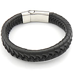 Bracelet homme, cuir de peau de vache, acier inoxydable fermoir magnétique, noire, 14mm, 33.5x14mm, Vendu par Environ 8.5 pouce brin