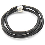 Bracciale in cuoio, corda in pelle di vitello, in acciaio inox chiusura magnetica, 3-filo, nero, 4mm, 13mm, Venduto per 23 pollice filo