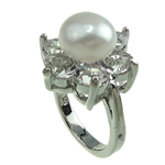 Sötvatten Pearl Finger Ring, Freshwater Pearl, med STRASS & Mässing, platina pläterad, 9-10mm, Hål:Ca 16-18mm, Säljs av PC