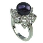 Freshwater Pearl Finger Ring with Rhinestone & Brass platinum color plated 9-10mm Approx 16-18mm Sold By PC