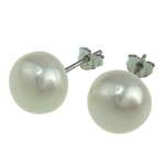 Pendientes de Perlas de Freshwater, Perlas cultivadas de agua dulce, latón aguja de pendiente, Óvalo, Blanco, 9-10mm, Vendido por Par