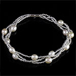 Fionnuisce saothraithe Pearl Bracelet, Coirníní Gloine Síl, le Pearl Fionnuisce, iarann clasp scriú, 3-snáithe, 5-6mm, Díolta Per Thart 7 Inse Snáithe