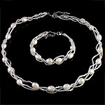 Sets de Perlas Cultivadas de Agua Dulce, pulsera & collar, con Rocallas de vidrio, hierro cierre de langosta, Arroz, natural, Blanco, 7-8mm, longitud 17 Inch,  7.5 Inch, Vendido por Set