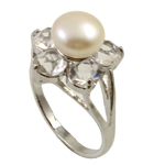 Slatkovodni Pearl Finger Ring, s Vještački dijamant & Mesing, platine boja pozlaćen, bijel, 9-10mm, Rupa:Približno 18mm, Veličina:7.5, Prodano By PC