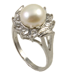 Pearl Fionnuisce Finger Ring, le Rhinestone & Prás, dath platanam plátáilte, bán, 9-10mm, Poll:Thart 18mm, Méid:7.5, Díolta De réir PC