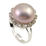 Freshwater Pearl fingerring, Ferskvandsperle, med Rhinestone & Messing, platin farve forgyldt, lyserød, 9-10mm, Hole:Ca. 16-18mm, Solgt af PC