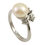 Pearl Fionnuisce Finger Ring, le Rhinestone & Prás, dath platanam plátáilte, bán, 8-9mm, Poll:Thart 18-19mm, Díolta De réir PC