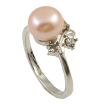 Freshwater Pearl Finger Ring with Rhinestone & Brass platinum color plated pink 8-9mm Approx 18-19mm Sold By PC