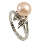 Freshwater Pearl Finger Ring with Rhinestone & Brass platinum color plated pink 8-9mm Approx 18-19mm Sold By PC