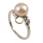 Freshwater Pearl Finger Ring with Rhinestone & Brass platinum color plated pink 8-9mm Approx 18-19mm Sold By PC