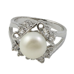 Freshwater Pearl fingerring, Ferskvandsperle, med Rhinestone & Messing, platin farve forgyldt, hvid, 9-10mm, Hole:Ca. 17-19mm, Solgt af PC