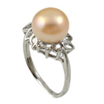 Freshwater Pearl fingerring, Ferskvandsperle, med Rhinestone & Messing, platin farve forgyldt, 8-9mm, Hole:Ca. 17mm, Størrelse:6.5, Solgt af PC