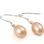 Freshwater Pearl Örhängen, mässing örhänge krok, platina pläterad, rosa, 8-9mm, 28mm, Säljs av Par