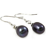 Boucles d'oreilles en perles d'eau douce, perle d'eau douce cultivée, laiton boucle d'oreille crochet, Placage de couleur platine, violet foncé, 8-9mm, 28mm, Vendu par paire