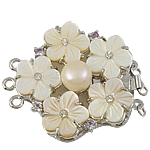 Bosca bhlaosc Clasp, Shell, le Saothraithe Fionnuisce Cnuasta Péarla & Prás, Flower, 3-snáithe & le rhinestone, 45x40x12mm, Poll:Thart 2.5mm, Díolta De réir PC